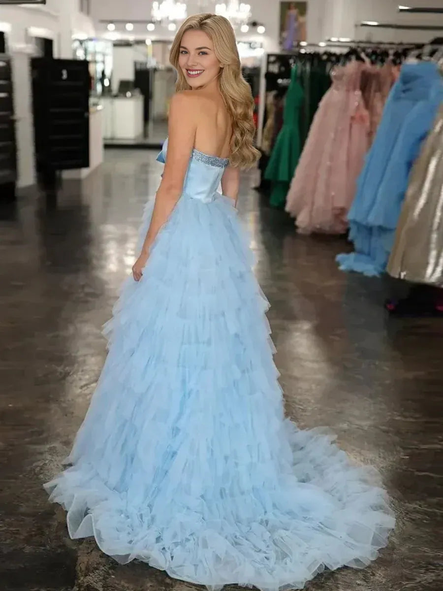 Strapless Cut Out Bow Tiered Ruffle Black Long Evening Dress Prom Dress