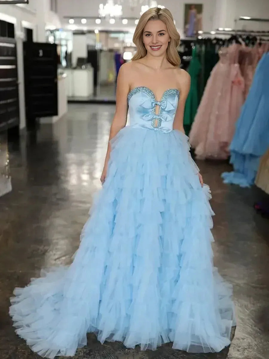 Strapless Cut Out Bow Tiered Ruffle Black Long Evening Dress Prom Dress