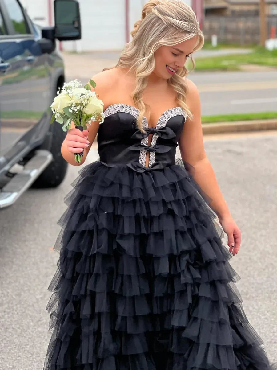 Strapless Cut Out Bow Tiered Ruffle Black Long Evening Dress Prom Dress