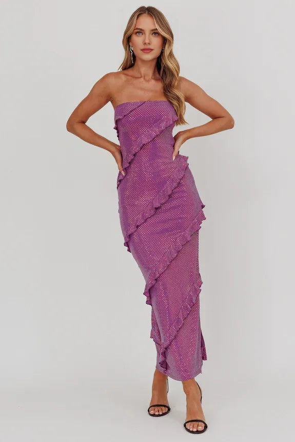 Strapless Frill Iridescent Spangles Purple Maxi Homecoming Dress Prom Dress