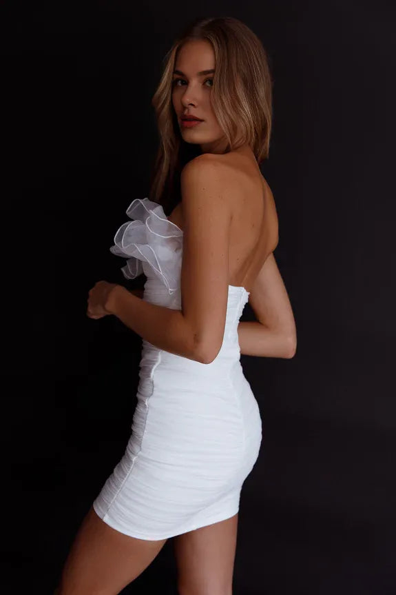 Strapless Frill Neckline Ruching Organza Lilac Mini Homecoming Dress