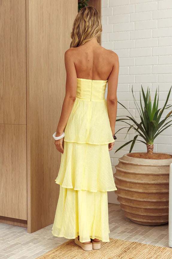 Strapless Frill Trim Tiered Butter Maxi Homecoming Dress Prom Dress