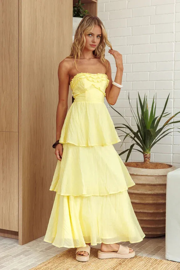 Strapless Frill Trim Tiered Butter Maxi Homecoming Dress Prom Dress