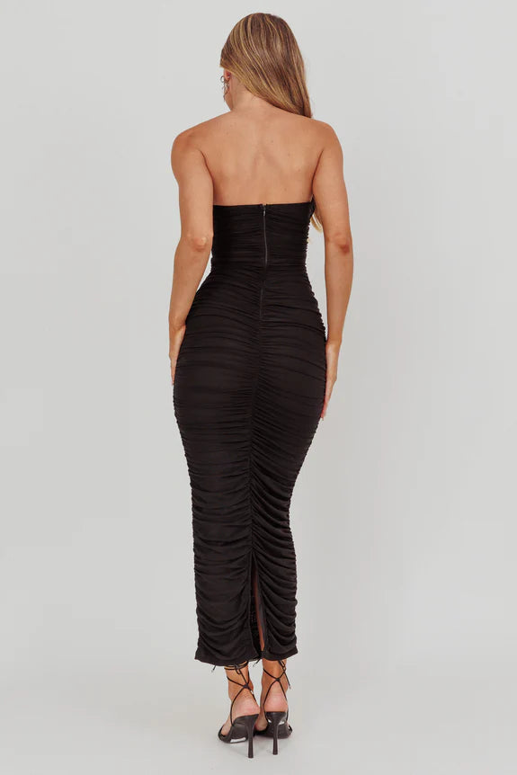 Strapless Gathered Bodycon Mesh Black Maxi Homecoming Dress Prom Dress