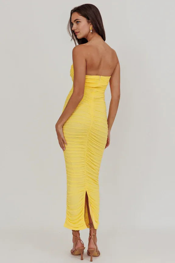 Strapless Gathered Mesh Lemon Maxi Homecoming Dress Prom Dress With Slit Back