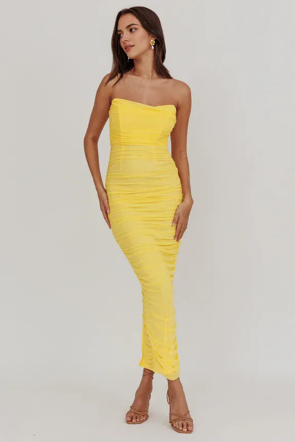 Strapless Gathered Mesh Lemon Maxi Homecoming Dress Prom Dress With Slit Back