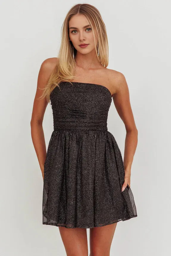 Strapless Glitter Pleated Tulle Black Short-Mini Homecoming Dresses With Tie Bow