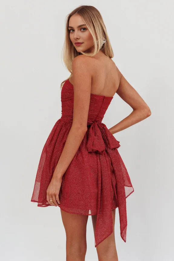 Strapless Glitter Pleated Tulle Red Short-Mini Homecoming Dresses With Tie Bow