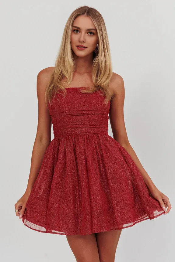 Strapless Glitter Pleated Tulle Red Short-Mini Homecoming Dresses With Tie Bow