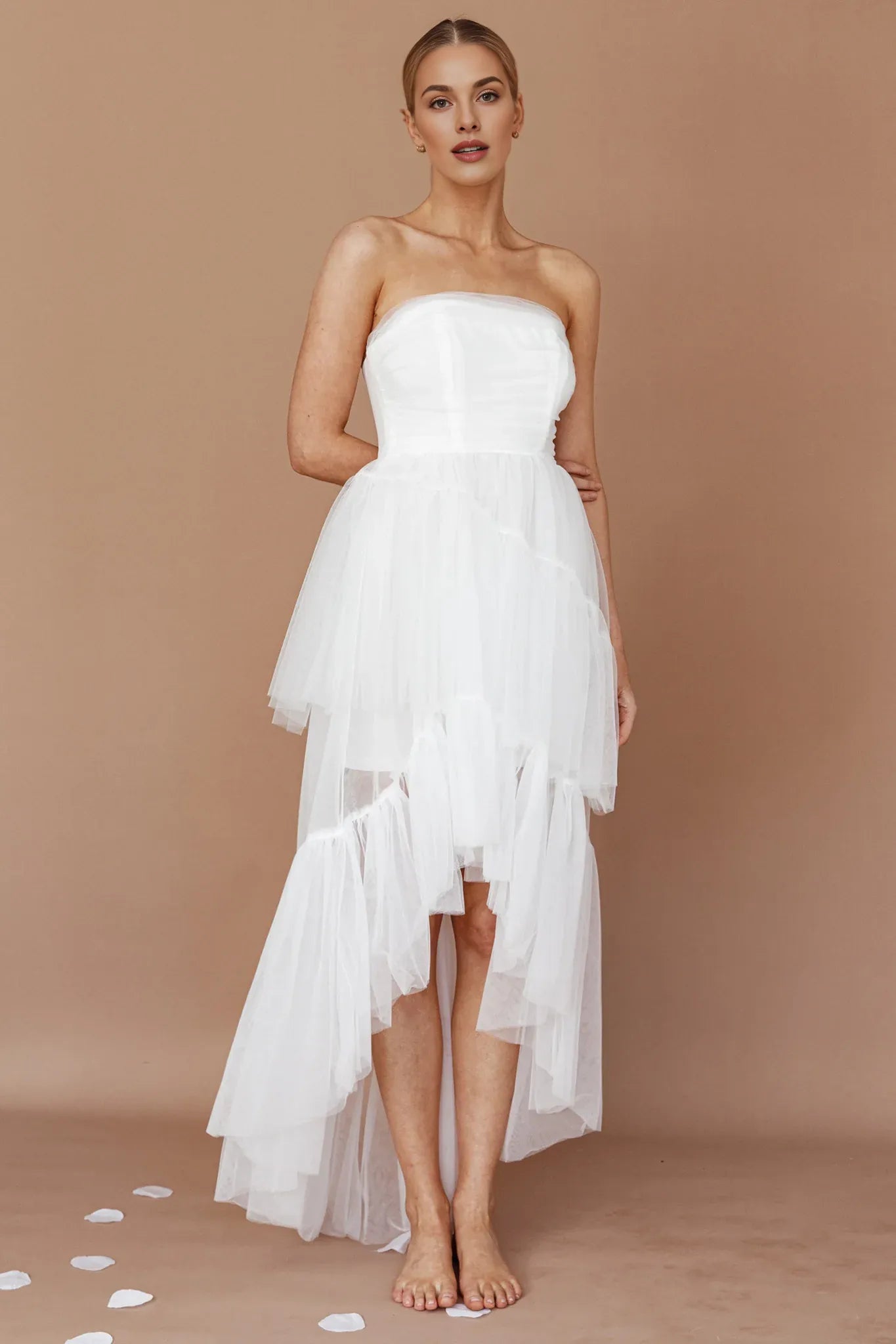 Strapless High-Low Mesh White Midi Evening Dress With High-Low Hem