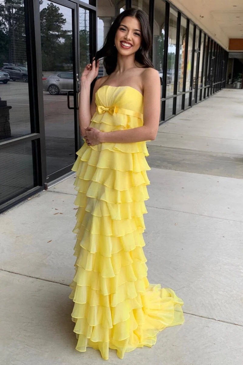 Strapless High-Waist Ruffle Tiered Chiffon Yellow Long Prom Dress