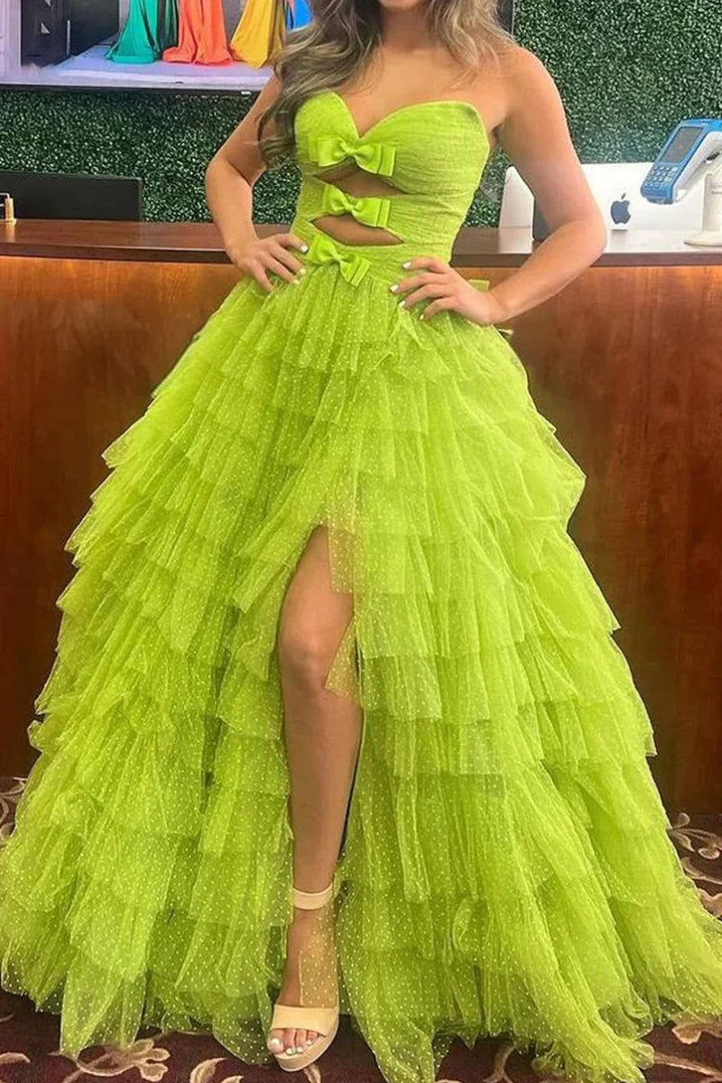 Strapless Keyhole Ruffle Tiered Polka Dot White Prom Dress With Bow