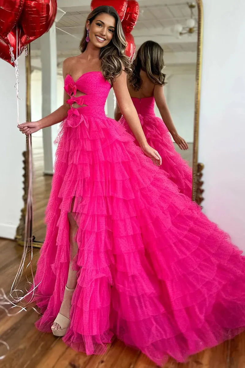 Strapless Keyhole Ruffle Tiered Polka Dot White Prom Dress With Bow