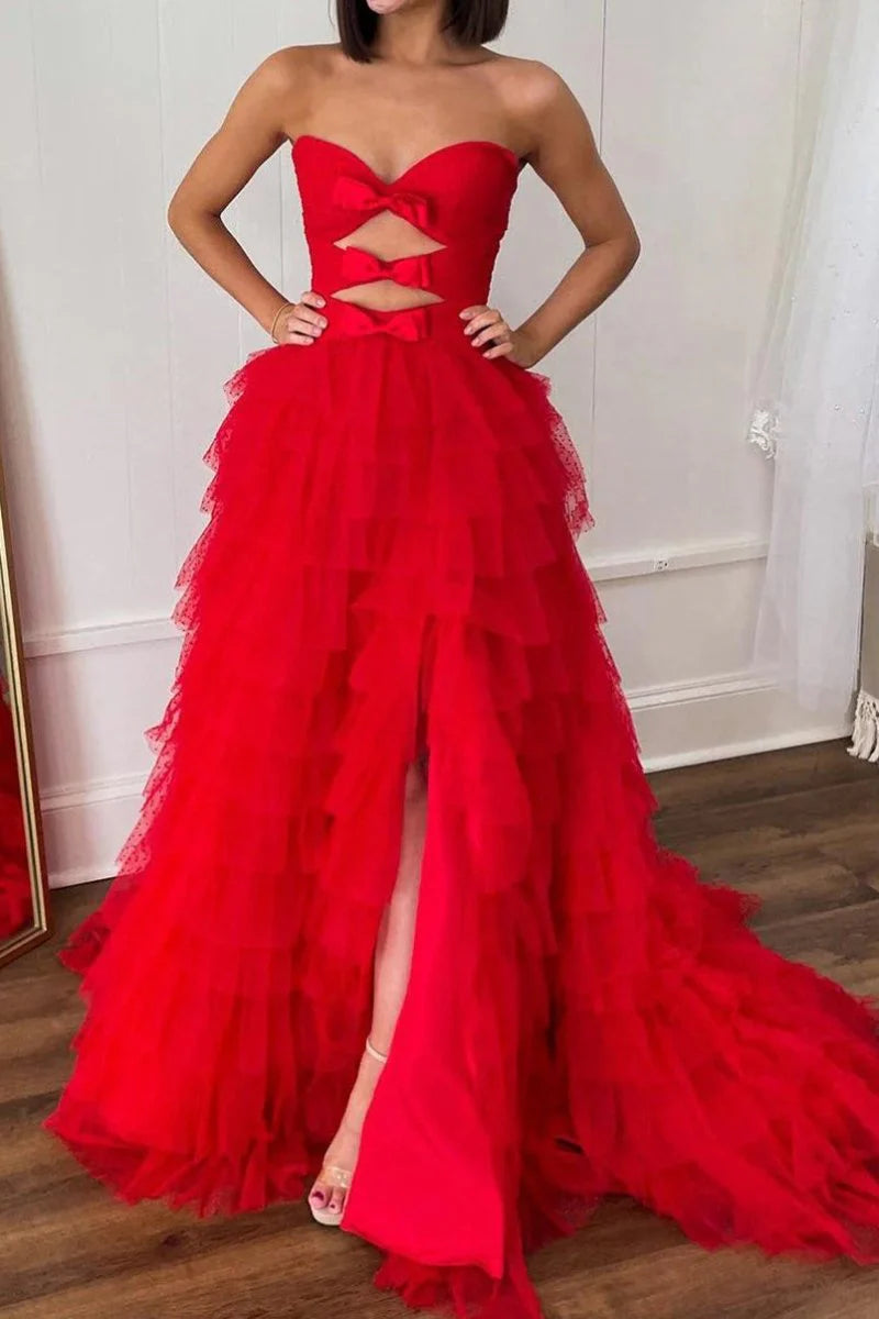 Strapless Keyhole Ruffle Tiered Polka Dot White Prom Dress With Bow