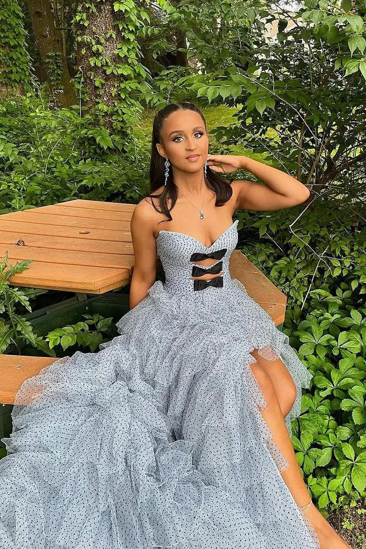 Strapless Keyhole Ruffle Tiered Polka Dot White Prom Dress With Bow