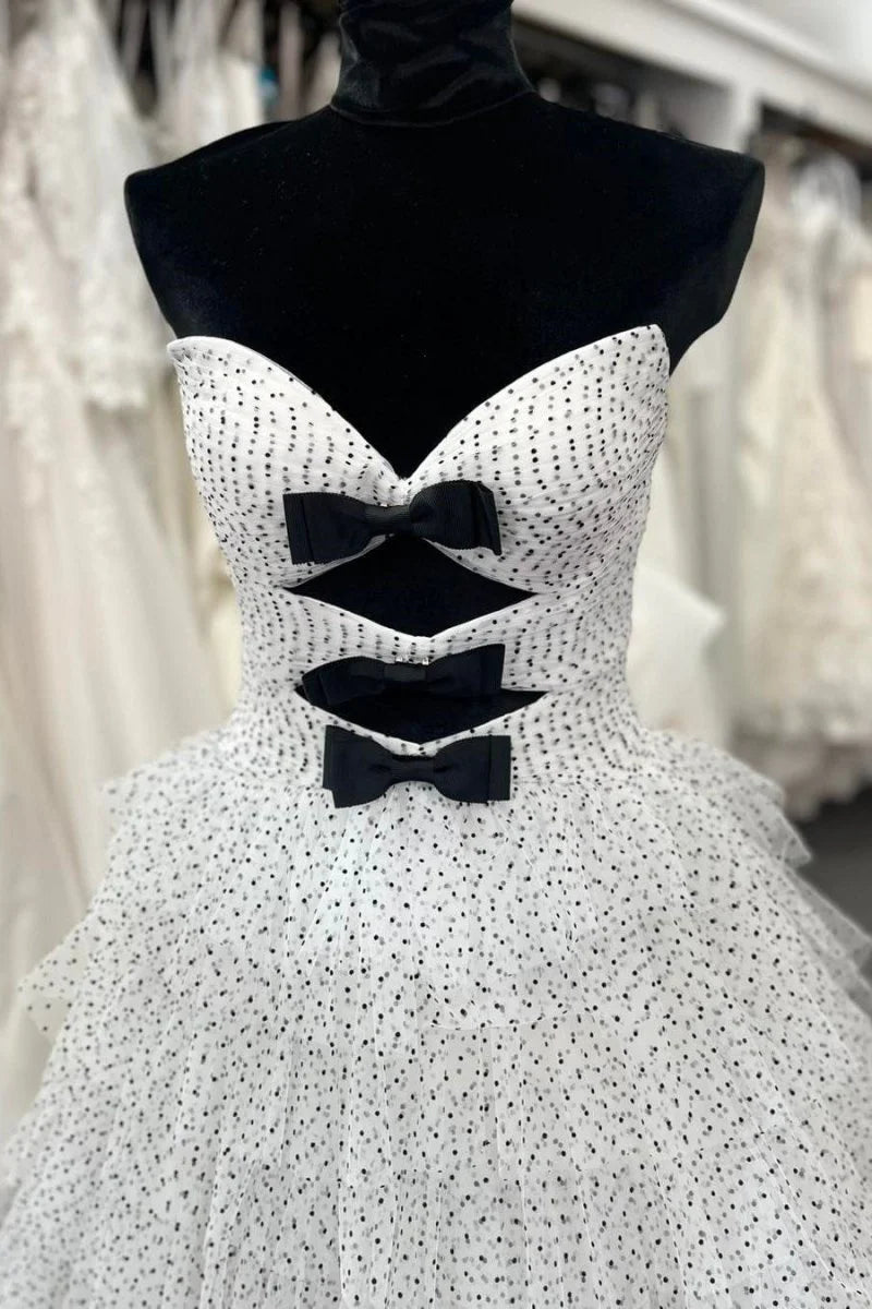 Strapless Keyhole Ruffle Tiered Polka Dot White Prom Dress With Bow