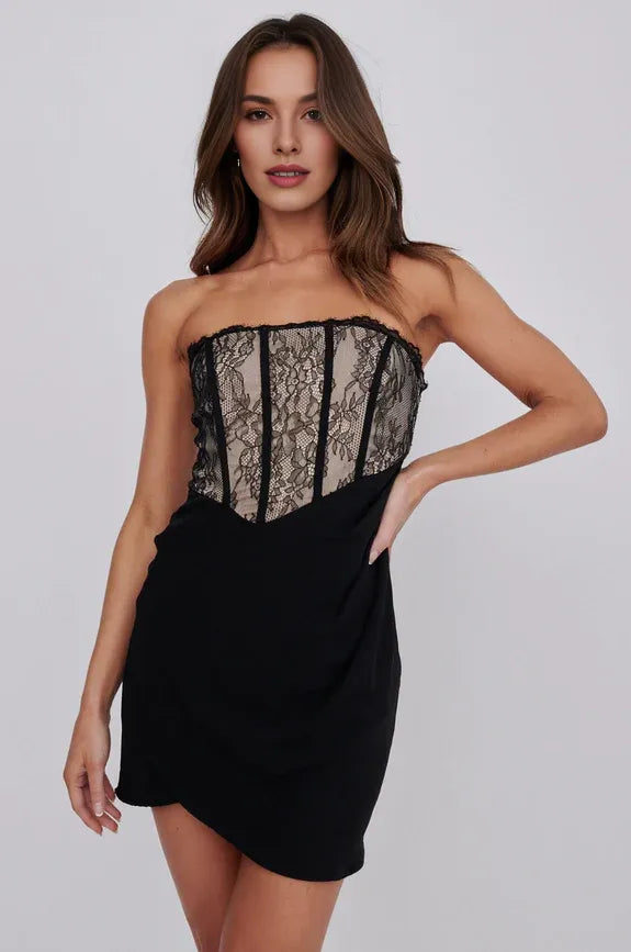 Strapless Lace Bodice Bodycon Corset Black Mini Homecoming Dress Hot Sale