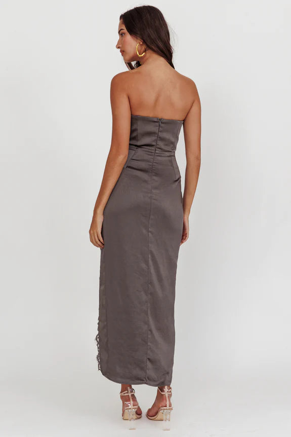 Strapless Lace Trim Satin Charcoal Midi Evening Dress With High Split For Women