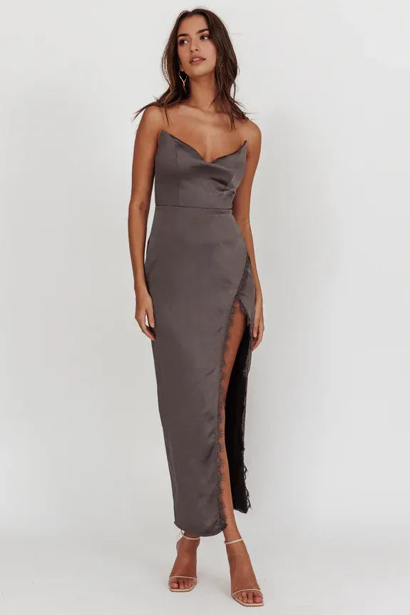 Strapless Lace Trim Satin Charcoal Midi Evening Dress With High Split For Women