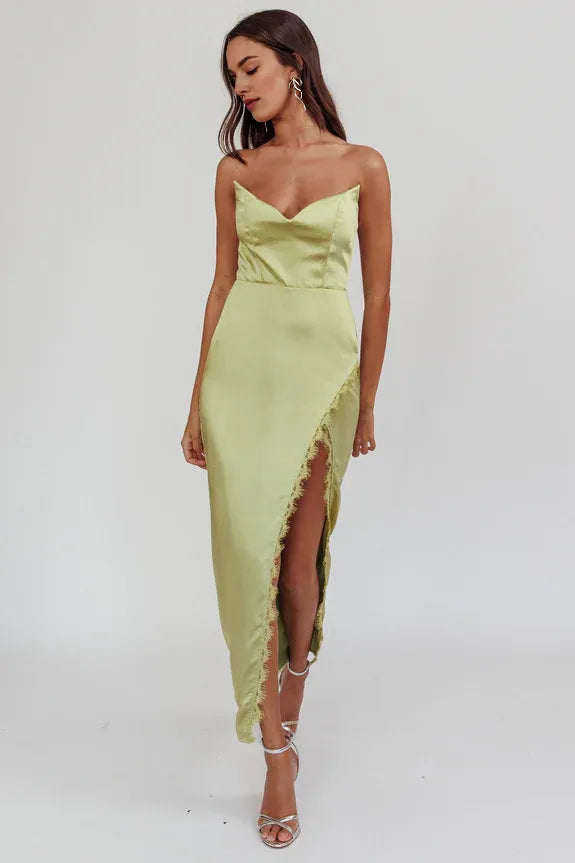 Strapless Lace Trim Satin Sage Midi Evening Dress With High Split For Women