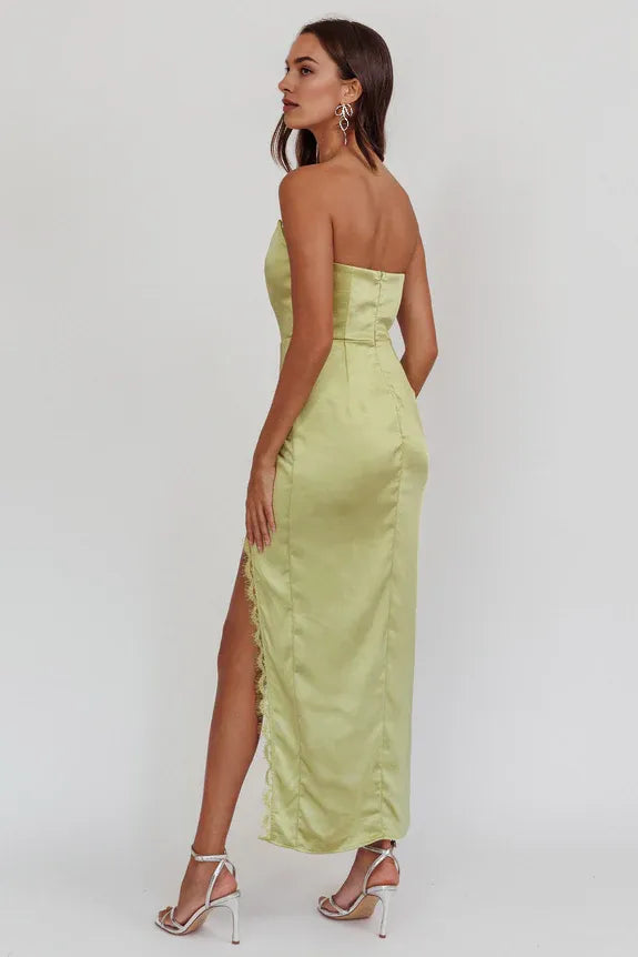 Strapless Lace Trim Satin Sage Midi Evening Dress With High Split For Women