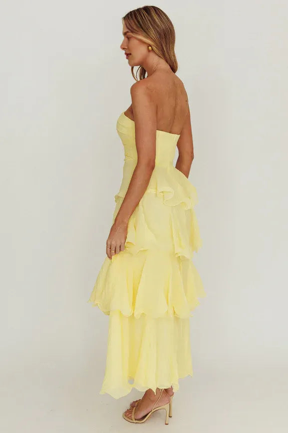 Strapless Layered Ruffle Lemon Midi Evening Dress Wedding Dress Ready To Ship