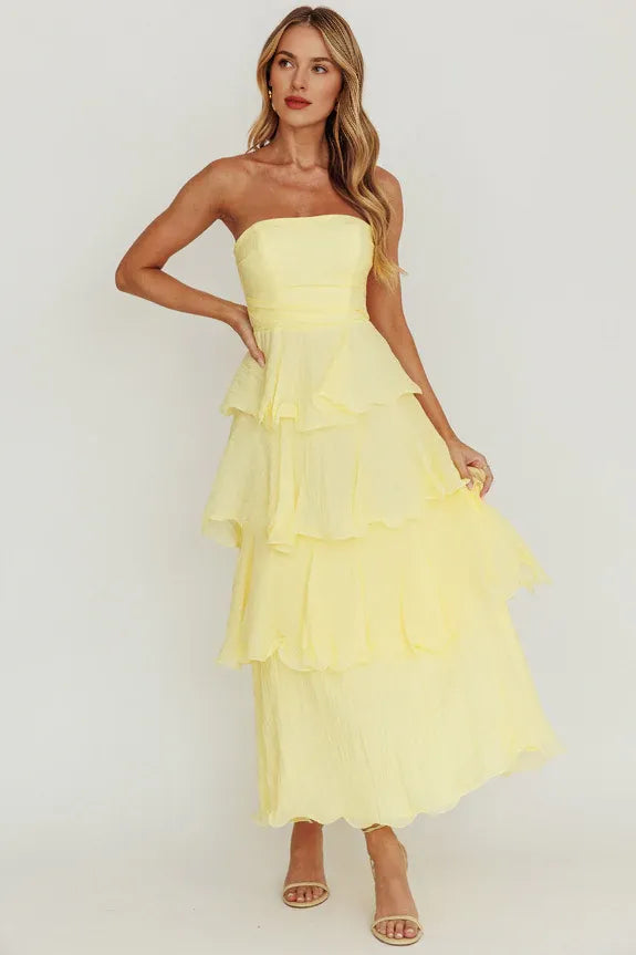 Strapless Layered Ruffle Lemon Midi Evening Dress Wedding Dress Ready To Ship