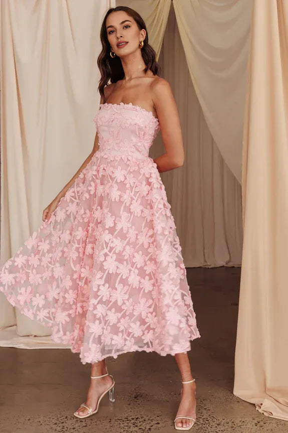 Strapless Palm Tree Embellished Lace Blush Midi Evening Dress Prom Dress