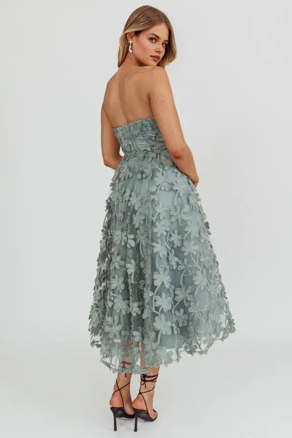 Strapless Palm Tree Embellished Lace Sage Midi Evening Dress Prom Dress