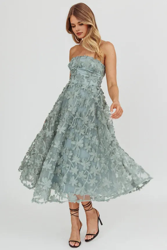 Strapless Palm Tree Embellished Lace Sage Midi Evening Dress Prom Dress