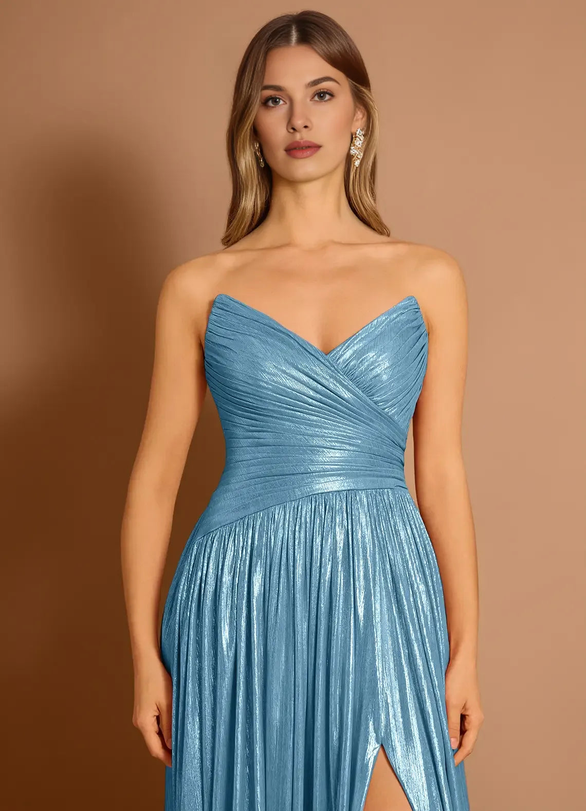 Strapless Pleated Metallic Aqua Blue Maxi Evening Dress With Slit