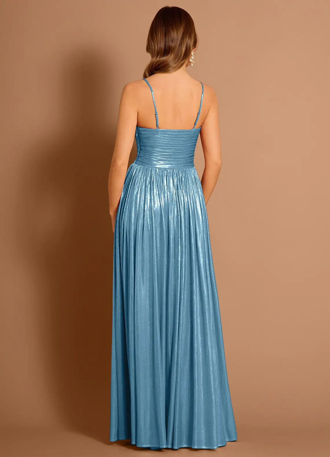 Strapless Pleated Metallic Aqua Blue Maxi Evening Dress With Slit