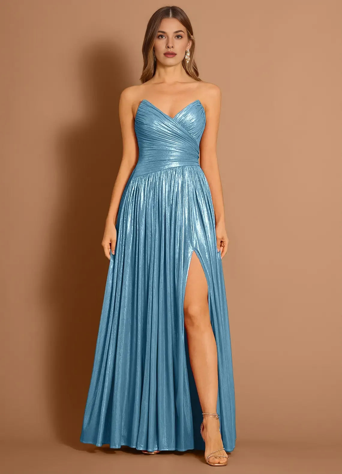 Strapless Pleated Metallic Aqua Blue Maxi Evening Dress With Slit