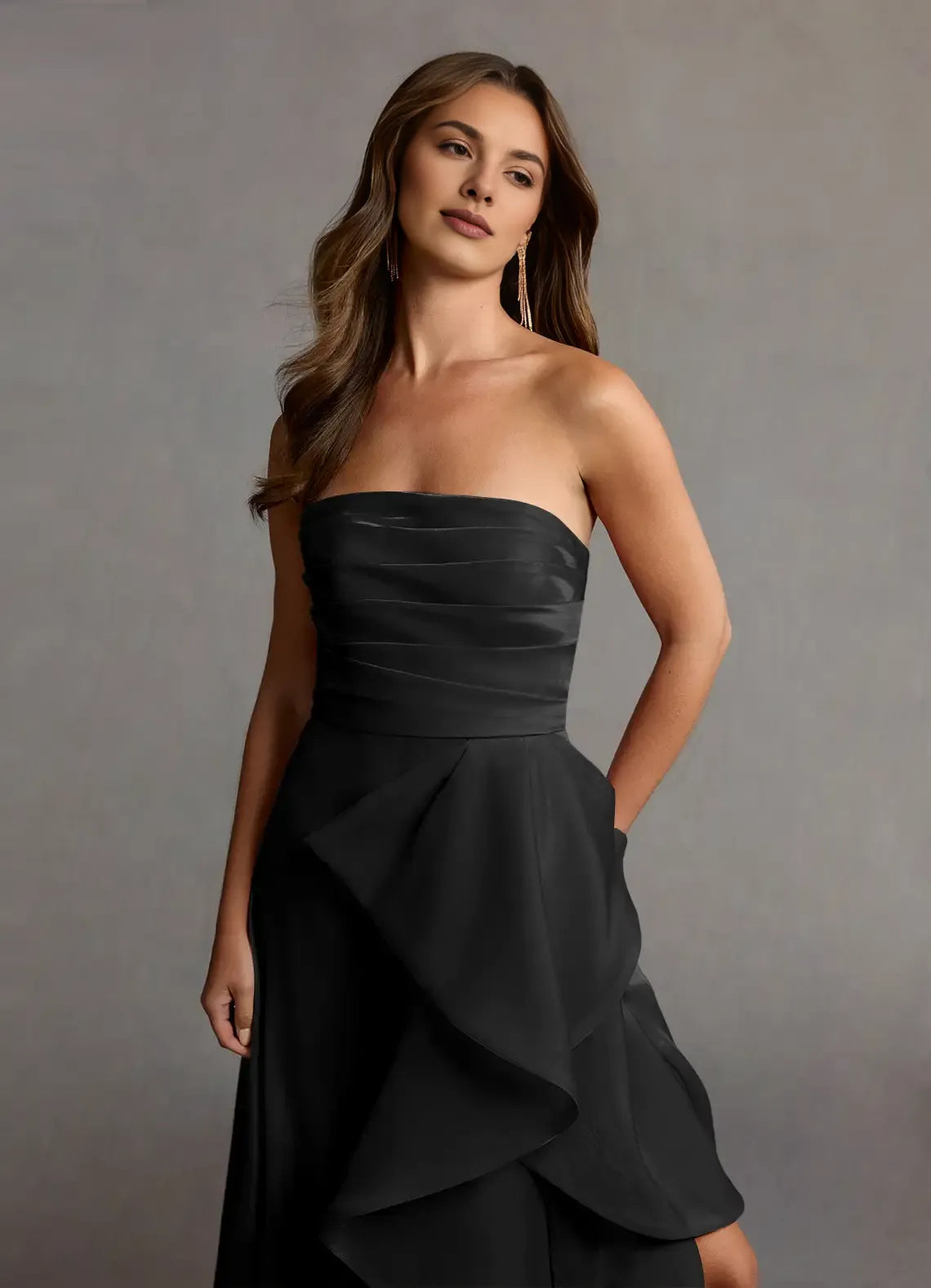 Strapless Pleated Ruffle Satin Faced Chiffon Black Maxi Prom Dress With Slit