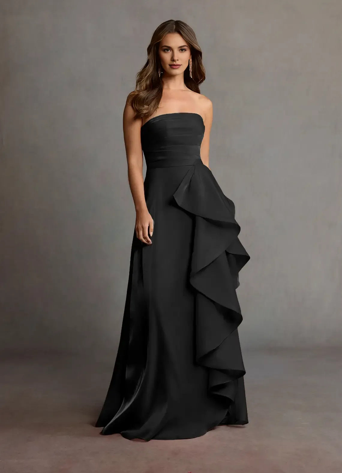Strapless Pleated Ruffle Satin Faced Chiffon Black Maxi Prom Dress With Slit