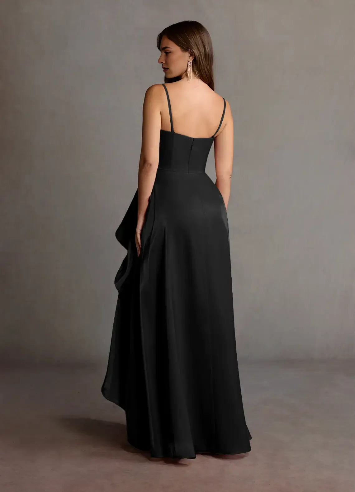 Strapless Pleated Ruffle Satin Faced Chiffon Black Maxi Prom Dress With Slit