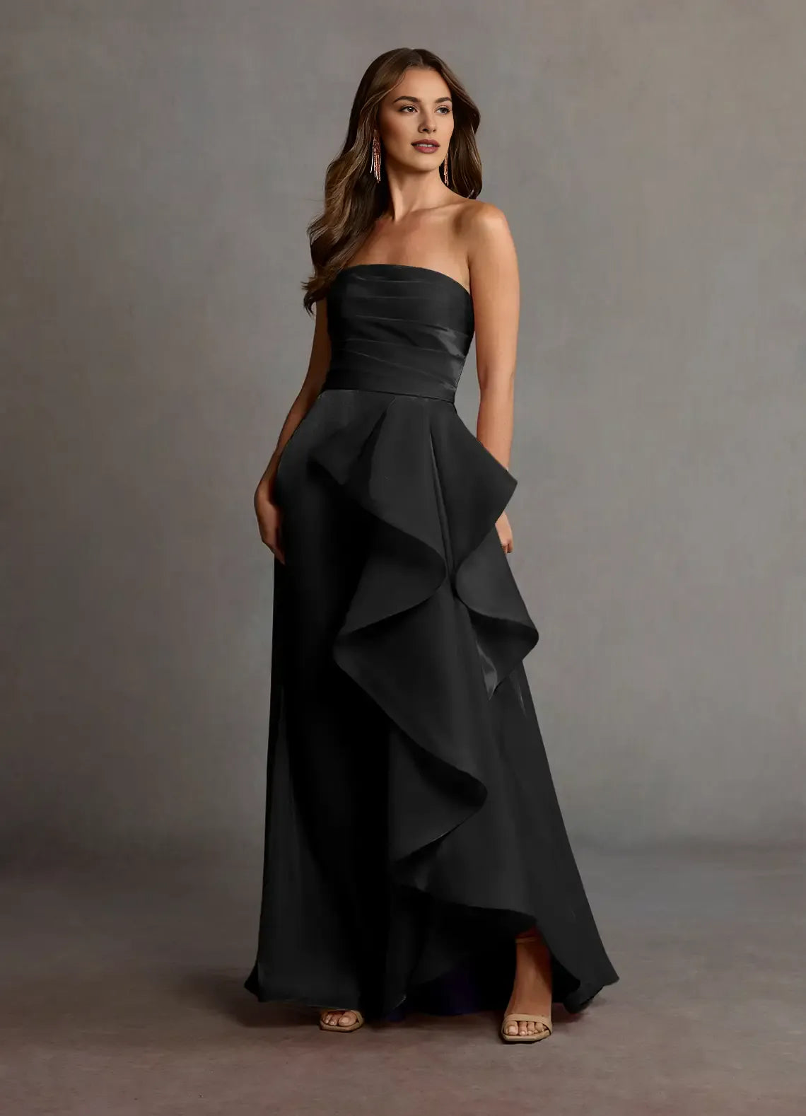 Strapless Pleated Ruffle Satin Faced Chiffon Black Maxi Prom Dress With Slit