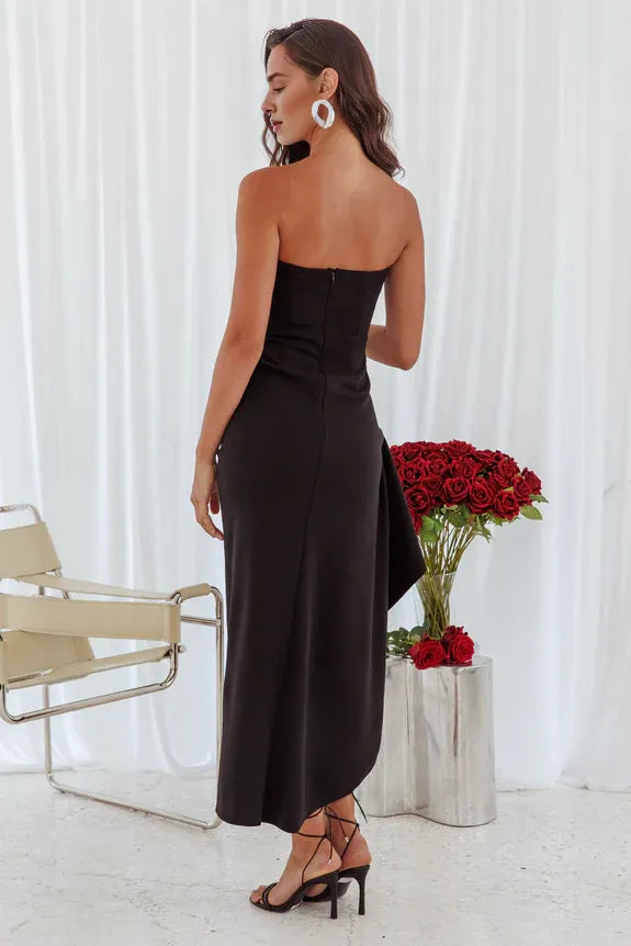 Strapless Pleated Thigh High Split Black Evening Dress Prom Dress