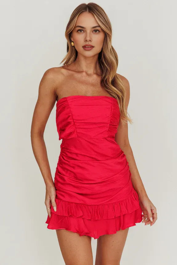 Strapless Pleated Tied Back Frill Hem Satin Fuchsia Mini Homecoming Dress