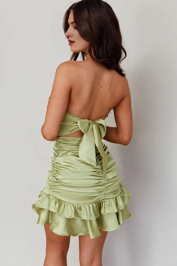 Strapless Pleated Tied Back Frill Hem Satin Olive Mini Homecoming Dress