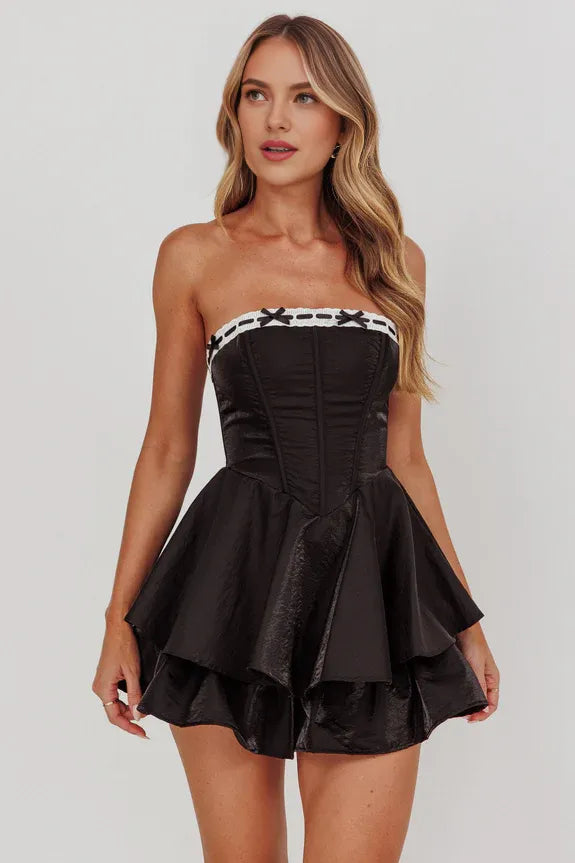 Strapless Ribbon Bodycon Ruffle Tiered Black Mini Homecoming Dress