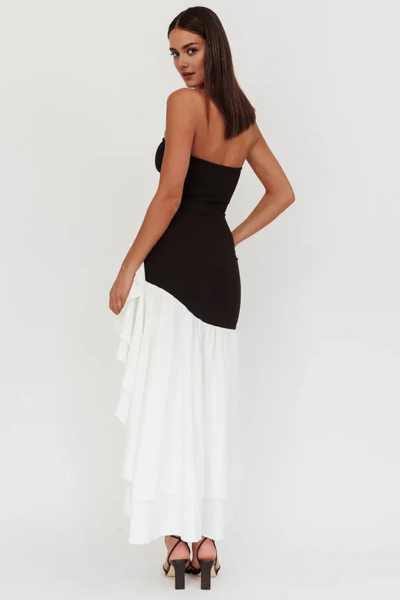 Strapless Ruffle High-Low Black And White Maxi Homecoming Dress Prom Dress