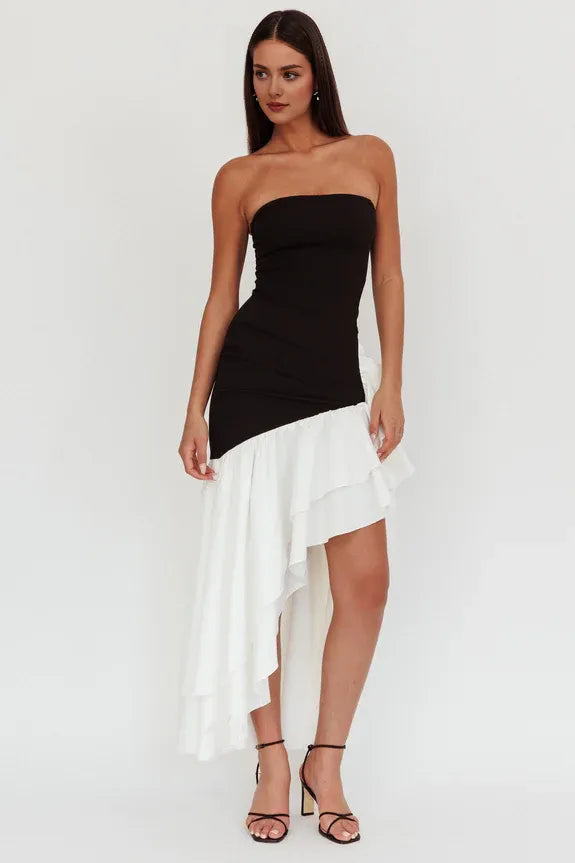 Strapless Ruffle High-Low Black And White Maxi Homecoming Dress Prom Dress