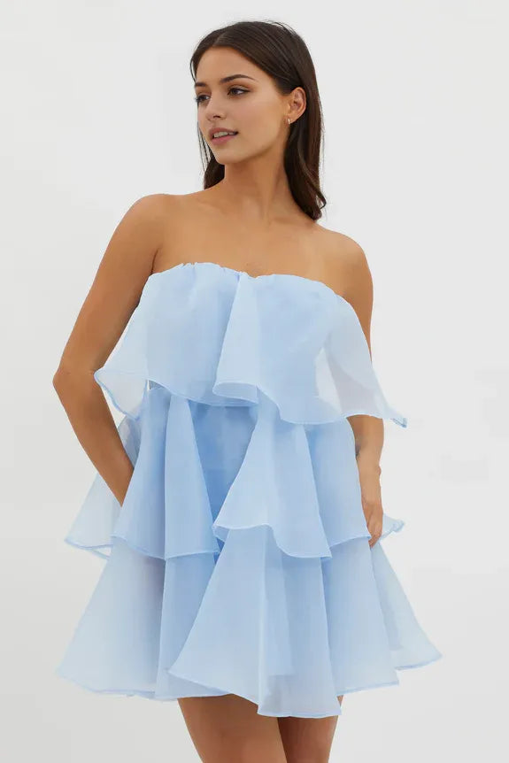 Strapless Ruffle Tiered Layer Organza Blue Mini Homecoming Dress