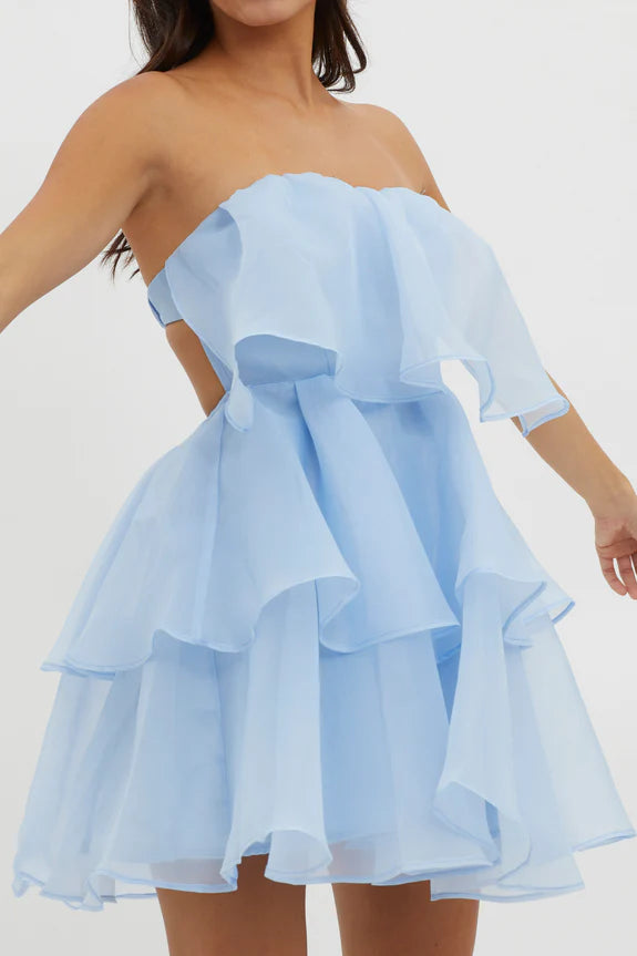 Strapless Ruffle Tiered Layer Organza Blue Mini Homecoming Dress