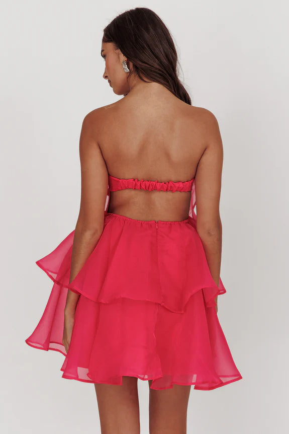 Strapless Ruffle Tiered Layer Organza Hot Pink Mini Homecoming Dress
