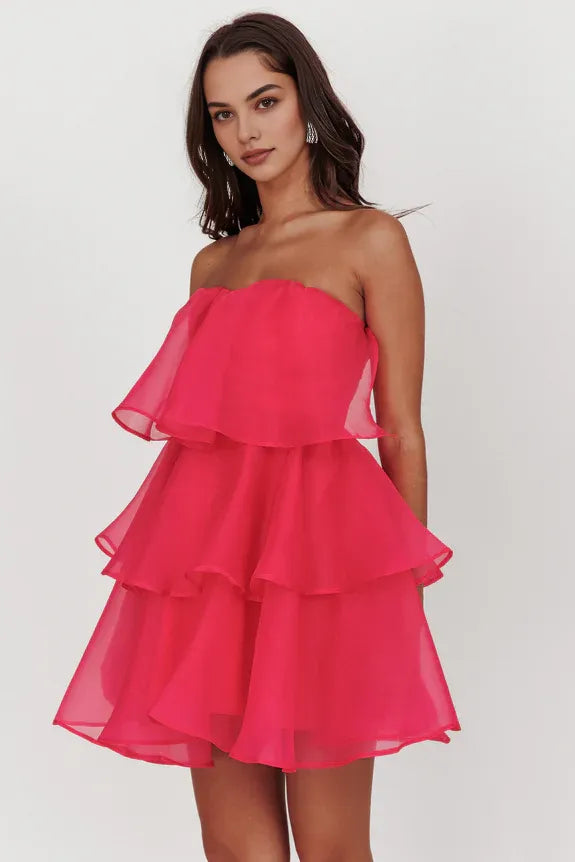 Strapless Ruffle Tiered Layer Organza Hot Pink Mini Homecoming Dress