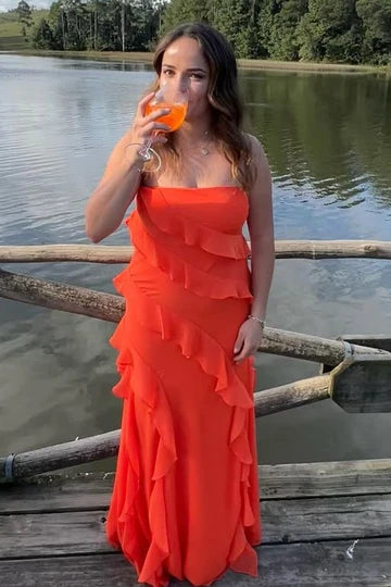 Strapless Ruffles Chiffon Sleeveless Long Formal Prom Dress