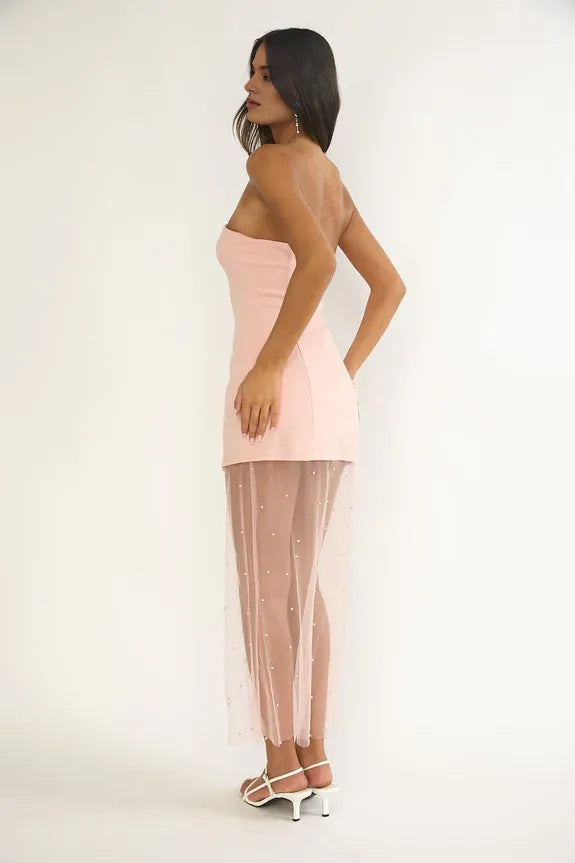 Strapless Sheer Pearl Hem Peach Maxi Evening Dress Party Dress For Sale