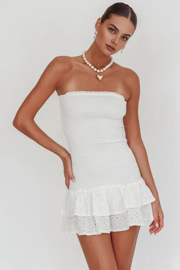 Strapless Shirred Off White Mini Homecoming Dress With Tiered Ruffle hem